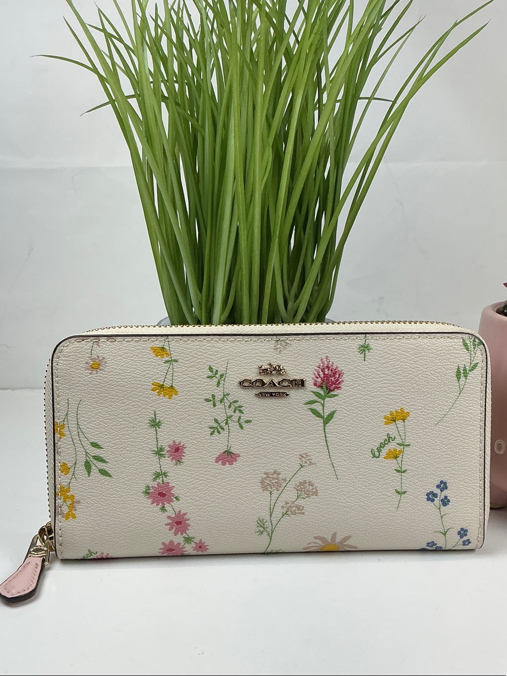 Coach Cream Floral Zip-Around Wallet with Multicolor Wildflowers Rare
